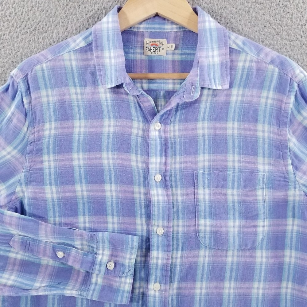 Faherty Shirt Mens Medium Purple Blue Plaid Linen Lightweight Coastal Prep Beach